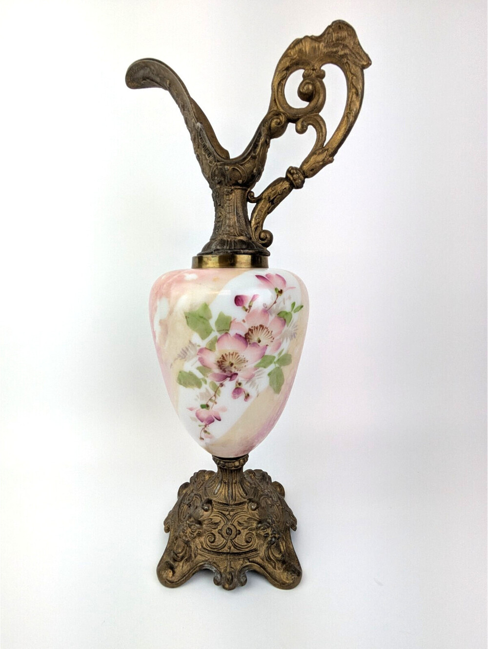 Antique Victorian Mantel Ewer Pink Satin Art Glass Hand Painted North Wind 15"